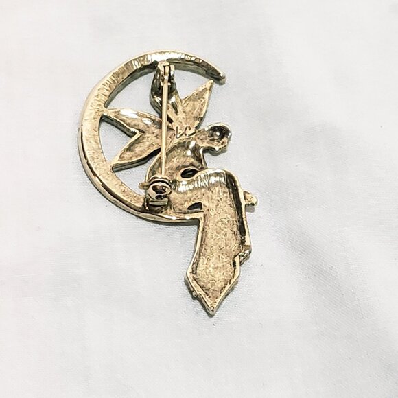 Liz Claiborne Fairy Crescent Moon Gold Tone Brooch Pin 2" Rhinestone Enamel - Picture 4 of 6